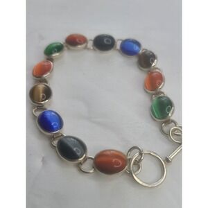 Vintage Multicolor Gemstone Link Bracelet With Toggle Clasp